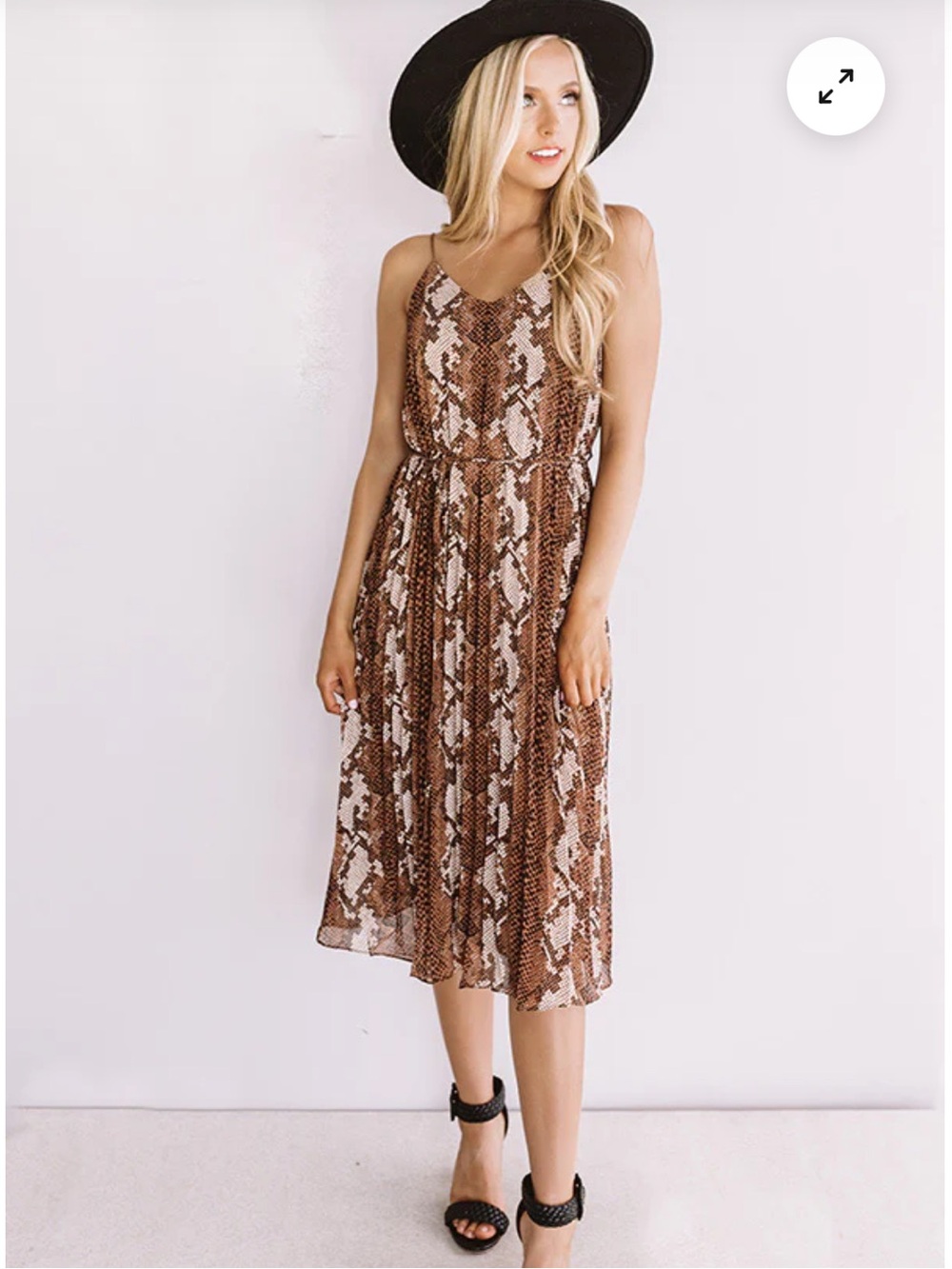 Women’s Brown Snake Print Midi Slip Dress Tie Waist Lined Spaghetti Strap Large